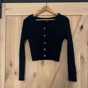 Girls Black Ribbed Crop Button-Up Cardigan
